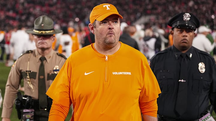 Nov 16, 2024; Athens, Georgia, USA; Tennessee Volunteers head coach Josh Heupel shown walking off the field after the game against the Georgia Bulldogs at Sanford Stadium. Mandatory Credit: Dale Zanine-Imagn Images Nov 16, 2024; Athens, Georgia, USA; Tennessee Volunteers head coach Josh Heupel shown walking off the field after the game against the Georgia Bulldogs at Sanford Stadium. Mandatory Credit: Dale Zanine-Imagn Images
