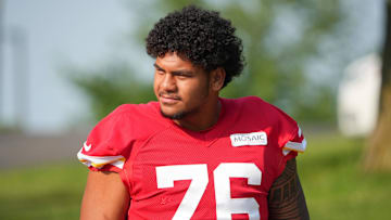 Jul 22, 2024; St. Joseph, MO, USA; Kansas City Chiefs offensive tackle Kingsley Suamataia (76) walks down the hill from the locker room to the fields prior to training camp at Missouri Western State University. Mandatory Credit: Denny Medley-Imagn Images