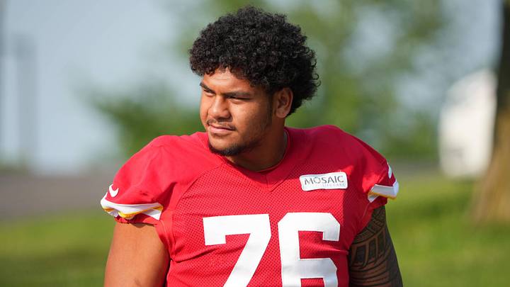 Jul 22, 2024; St. Joseph, MO, USA; Kansas City Chiefs offensive tackle Kingsley Suamataia (76) walks down the hill from the locker room to the fields prior to training camp at Missouri Western State University. Mandatory Credit: Denny Medley-Imagn Images
