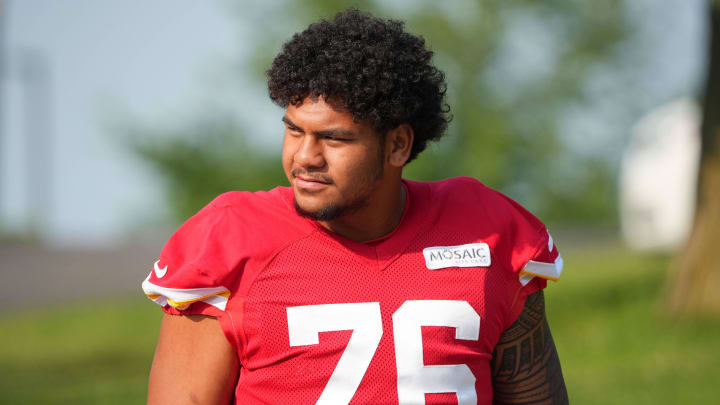 Jul 22, 2024; St. Joseph, MO, USA; Kansas City Chiefs offensive tackle Kingsley Suamataia (76) walks down the hill from the locker room to the fields prior to training camp at Missouri Western State University. Mandatory Credit: Denny Medley-USA TODAY Sports