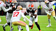 Nov 30, 2025; Cleveland, Ohio, USA;  Cleveland Browns wide receiver Malachi Corley (83) runs the ball during the second half against the San Francisco 49ers at Huntington Bank Field. Mandatory Credit: Ken Blaze-Imagn Images