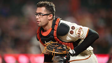Sep 11, 2023; San Francisco, California, USA; San Francisco Giants catcher Blake Sabol (2) during the eighth inning against the Cleveland Guardians at Oracle Park. Mandatory Credit: Robert Edwards-Imagn Images