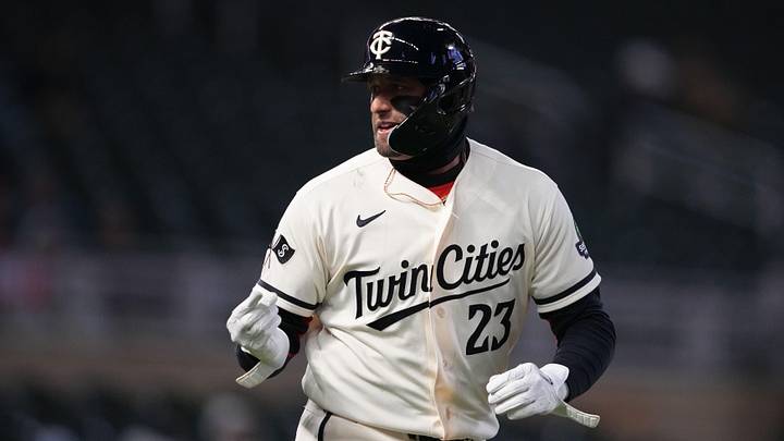 Apr 7, 2026; Minneapolis, Minnesota, USA; Minnesota Twins third baseman Royce Lewis (23) reacts after being walked during the eighth inning against the Detroit Tigers at Target Field. Mandatory Credit: Jordan Johnson-Imagn Images
