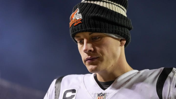 Jan 29, 2023; Kansas City, Missouri, USA; Cincinnati Bengals quarterback Joe Burrow (9) walks for the locker room after the fourth quarter of the AFC championship NFL game between the Cincinnati Bengals and the Kansas City Chiefs, Sunday, Jan. 29, 2023, at Arrowhead Stadium in Kansas City, Mo. The Kansas City Chiefs advanced to the Super Bowl with a 23-20 win over the Bengals. Mandatory Credit: Sam Greene-USA TODAY Sports