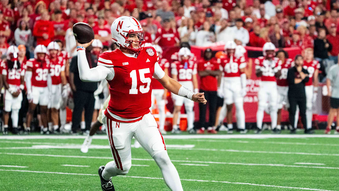 Sep 7, 2024; Lincoln, Nebraska, USA; Nebraska Cornhuskers quarterback Dylan Raiola (15) passes against the Colorado Buffaloes.