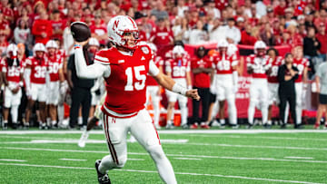 Sep 7, 2024; Lincoln, Nebraska, USA; Nebraska Cornhuskers quarterback Dylan Raiola (15) passes against the Colorado Buffaloes.