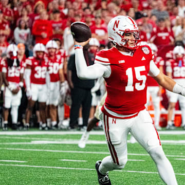 Sep 7, 2024; Lincoln, Nebraska, USA; Nebraska Cornhuskers quarterback Dylan Raiola (15) passes against the Colorado Buffaloes during the third quarter at Memorial Stadium. Mandatory Credit: Dylan Widger-Imagn Images