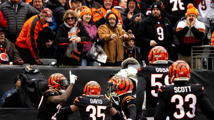 Cincinnati Bengals safety Jordan Battle (27) celebrates after an interception in the first quarter of the NFL game between Cincinnati Bengals and Cleveland Browns at Paycor Stadium in Cincinnati on Sunday, Jan. 7, 2024.