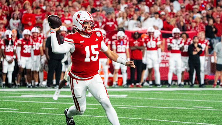 Sep 7, 2024; Lincoln, Nebraska, USA; Nebraska Cornhuskers quarterback Dylan Raiola (15) passes against the Colorado Buffaloes during the third quarter at Memorial Stadium. Mandatory Credit: Dylan Widger-Imagn Images