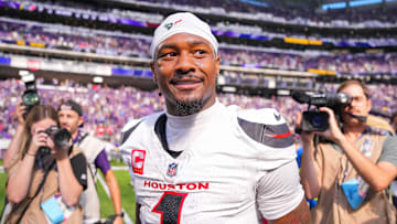 Sep 22, 2024; Minneapolis, Minnesota, USA; Houston Texans wide receiver Stefon Diggs (1) after the game against the Minnesota Vikings at U.S. Bank Stadium. Mandatory Credit: Brad Rempel-Imagn Images