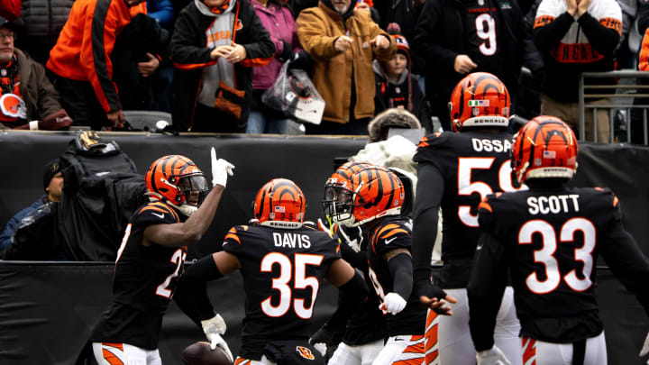 Cincinnati Bengals safety Jordan Battle (27) celebrates after an interception in the first quarter of the NFL game between Cincinnati Bengals and Cleveland Browns at Paycor Stadium in Cincinnati on Sunday, Jan. 7, 2024.