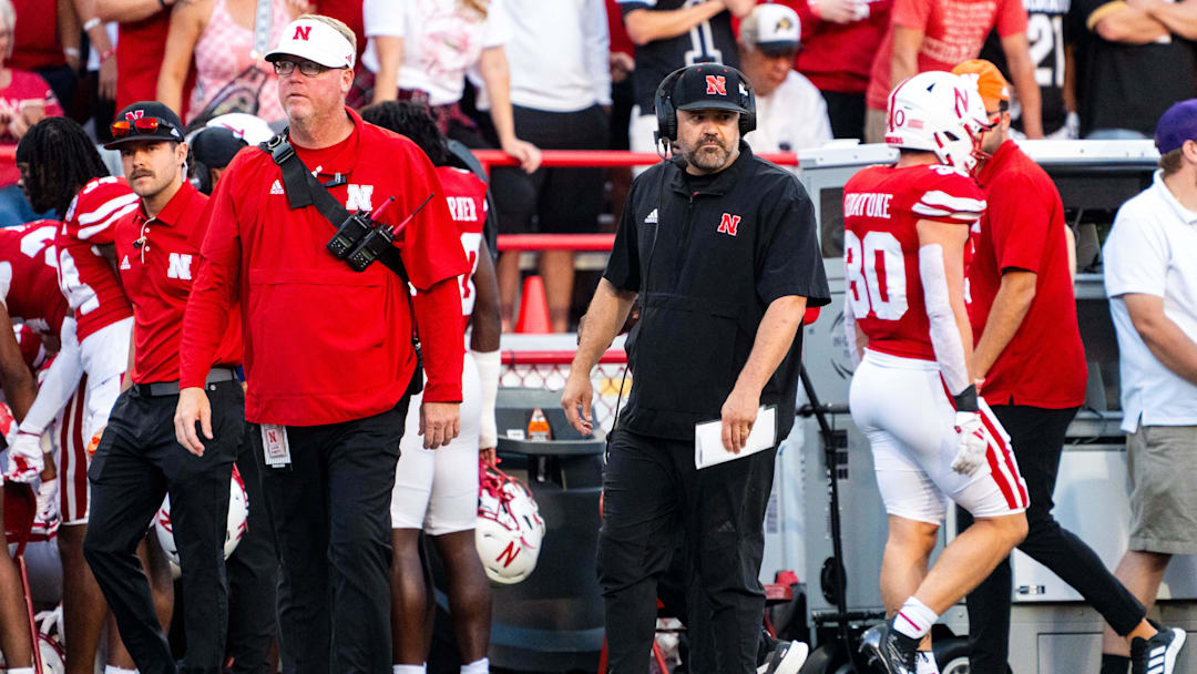 Sep 7, 2024; Lincoln, Nebraska, USA; Nebraska Cornhuskers head coach Matt Rhule on the sideline during the first quarter against the Colorado Buffaloes at Memorial Stadium. Mandatory Credit: Dylan Widger-Imagn Images