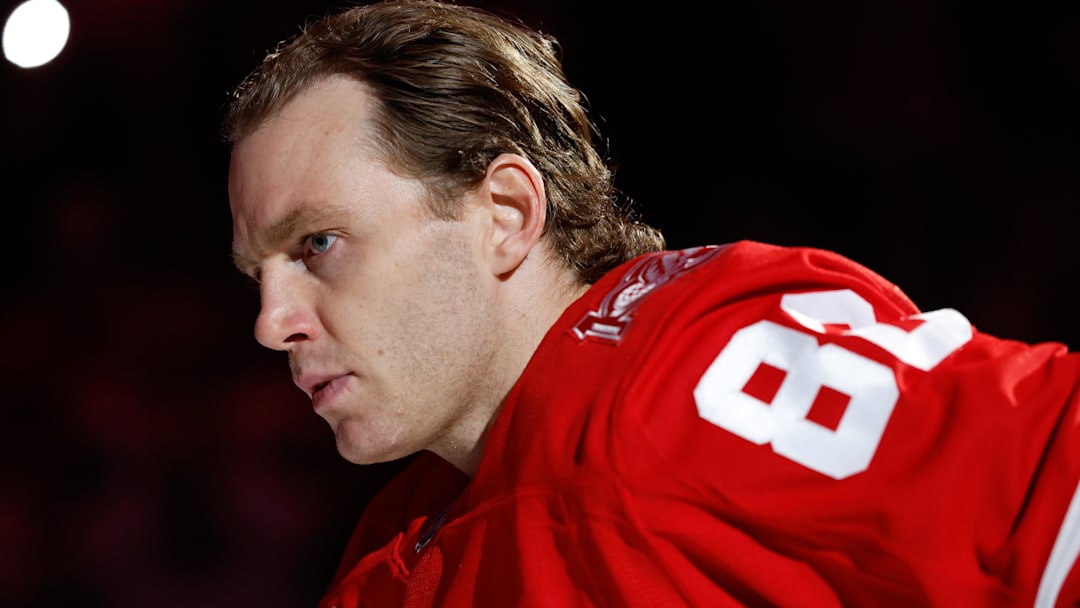 Mar 4, 2026; Detroit, Michigan, USA;  Detroit Red Wings right wing Patrick Kane (88) before the game against the Vegas Golden Knights at Little Caesars Arena. Mandatory Credit: Rick Osentoski-Imagn Images