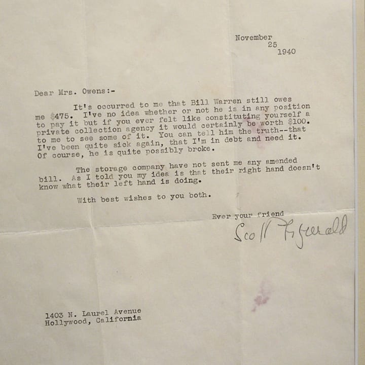 A letter signed by F. Scott Fitzgerald.