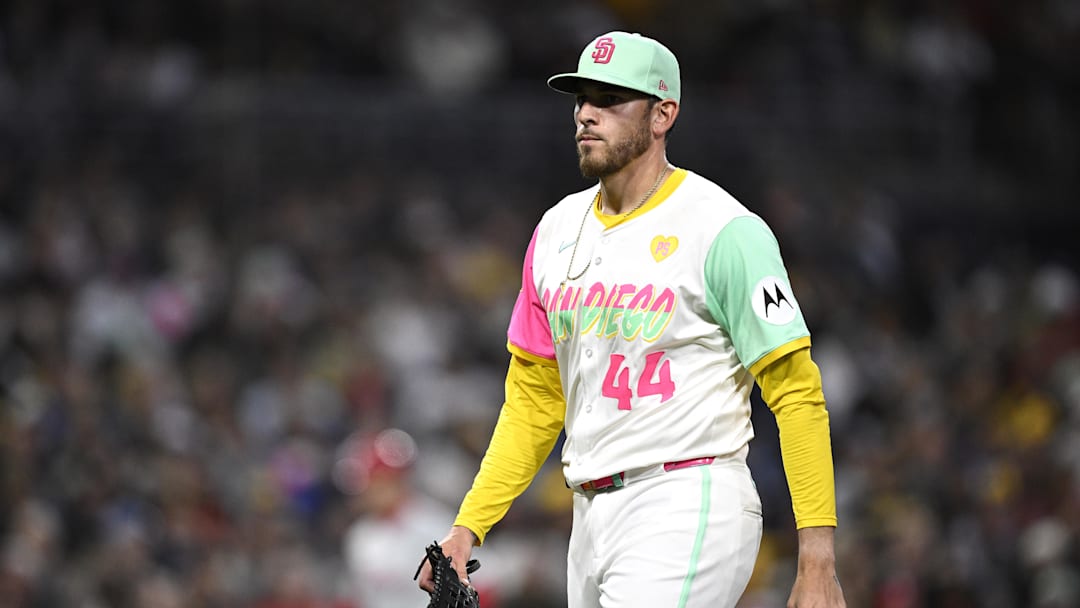 Apr 26, 2024; San Diego, California, USA; San Diego Padres starting pitcher Joe Musgrove (44) walks