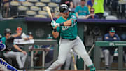 Sep 17, 2025; Kansas City, Missouri, USA; Seattle Mariners designated hitter Cal Raleigh (29) at bat against the Kansas City Royals during the first inning at Kauffman Stadium. Mandatory Credit: Denny Medley-Imagn Images