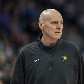 Mar 17, 2025; Minneapolis, Minnesota, USA; Indiana Pacers head coach Rick Carlisle looks on against the Minnesota Timberwolves in the first half at Target Center. Mandatory Credit: Jesse Johnson-Imagn Images