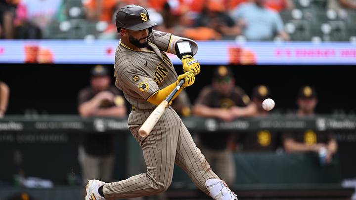 Jun 14, 2026; Baltimore, Maryland, USA;  San Diego Padres catcher Rodolfo Duran (48) hits a two-run home run in the seventh inning against the Baltimore Orioles at Oriole Park at Camden Yards. Mandatory Credit: Jamie Sabau-Imagn Images