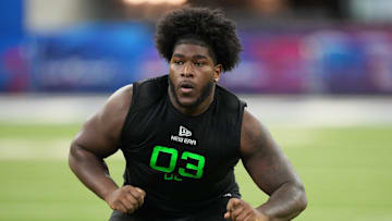 Alabama offensive lineman Tyler Booker during the 2025 NFL Combine at Lucas Oil Stadium.