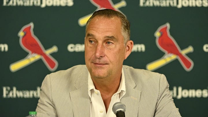 Jul 30, 2023; St. Louis, Missouri, USA;  St. Louis Cardinals president of baseball operations John Mozeliak talks with the media after the Cardinals traded relief pitcher Jordan Hicks (not pictured) starting pitcher Jordan Montgomery (not pictured) and relief pitcher Chris Stratton (not pictured) at Busch Stadium. Mandatory Credit: Jeff Curry-Imagn Images