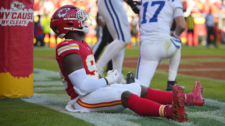 Nov 23, 2025; Kansas City, Missouri, USA; Kansas City Chiefs defensive end Charles Omenihu (90) reacts in the second half against the Indianapolis Colts at GEHA Field at Arrowhead Stadium.