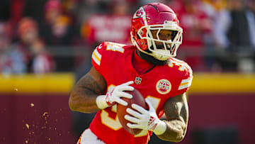 Nov 29, 2024; Kansas City, Missouri, USA; Kansas City Chiefs running back Samaje Perine (34) returns a kickoff during the first half against the Las Vegas Raiders at GEHA Field at Arrowhead Stadium. Mandatory Credit: Jay Biggerstaff-Imagn Images