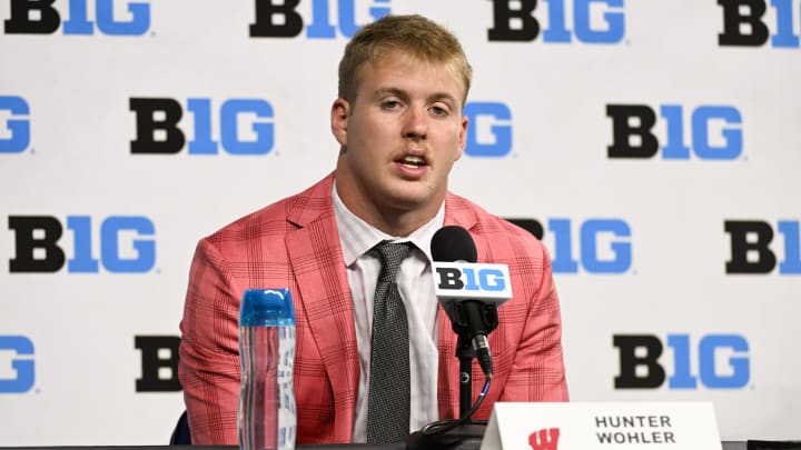 Jul 23, 2024; Indianapolis, IN, USA; Wisconsin Badgers defensive back Hunter Wohler speaks to the media during the Big 10 football media day at Lucas Oil Stadium. Mandatory Credit: Robert Goddin-USA TODAY Sports