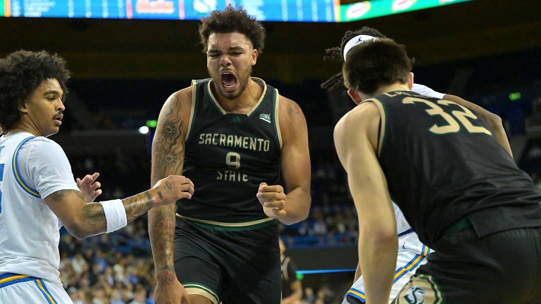Nov 18, 2025; Los Angeles, California, USA; Sacramento State Hornets forward Jeremiah Cherry (9) reacts as he injured his right knee while he was driving to the basket and defended by UCLA Bruins guard Skyy Clark (55) and center Steven Jamerson II (24) during the first half at Pauley Pavilion presented by Wescom Financial. Nov 18, 2025; Los Angeles, California, USA; Sacramento State Hornets forward Jeremiah Cherry (9) reacts as he injured his right knee while he was driving to the basket and defended by UCLA Bruins guard Skyy Clark (55) and center Steven Jamerson II (24) during the first half at Pauley Pavilion presented by Wescom Financial.