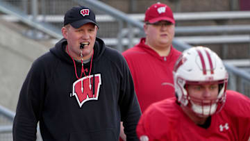 Apr 11, 2023; Madison, WI, USA; Wisconsin tight ends coach Nate Letton is shown during practice Tuesday, April 11, 2023 at Camp Randall Stadium in Madison, Wis. Mandatory Credit: Mark Hoffman-Imagn Images