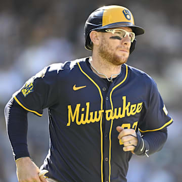 Sep 24, 2025; San Diego, California, USA; Milwaukee Brewers catcher Danny Jansen (33) rounds the bases after hitting a solo home run during the ninth inning against the San Diego Padres at Petco Park. Mandatory Credit: Denis Poroy-Imagn Images