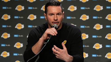 Los Angeles Lakers head coach JJ Redick talks to media members after defeating the Golden State Warriors at Chase Center.
