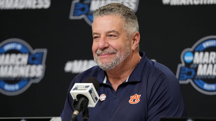 Mar 28, 2025; Atlanta, GA, USA; Auburn Tigers head coach Bruce Pearl at a press conference after defeating the Michigan Wolverines in a South Regional semifinal of the 2025 NCAA tournament at State Farm Arena. Mandatory Credit: Dale Zanine-Imagn Images