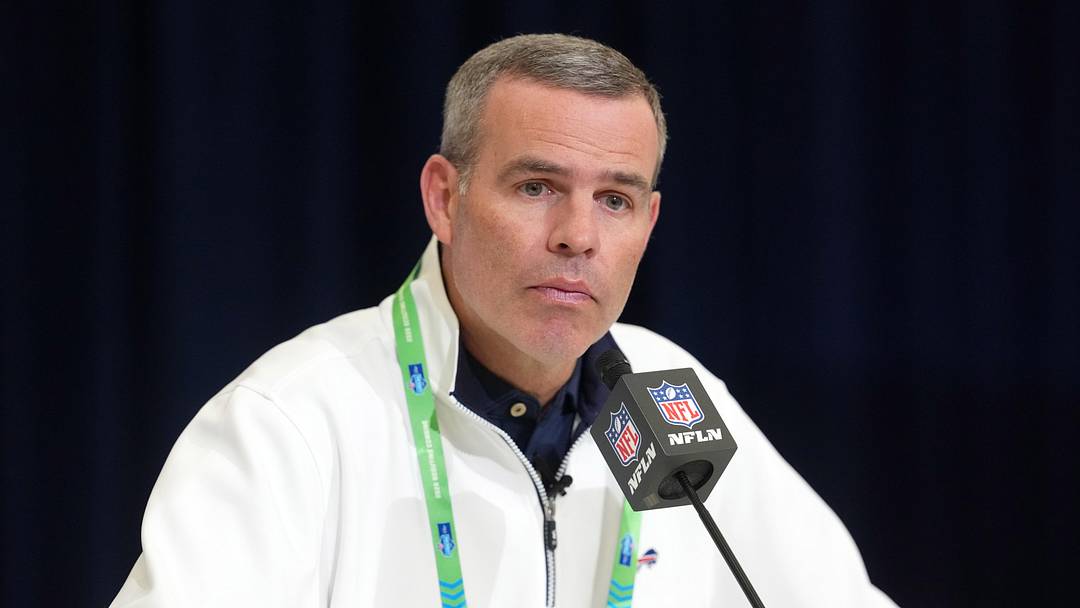 Feb 24, 2026; Indianapolis, IN, USA; Buffalo Bills general manager Brandon Beane speaks at the NFL Scouting Combine at the Indiana Convention Center. Mandatory Credit: Kirby Lee-Imagn Images