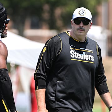 Jul 28, 2024; Latrobe, PA, USA; Pittsburgh Steelers offensive coordinator Arthur Smith participates in drills during training camp at Saint Vincent College. Mandatory Credit: Barry Reeger-Imagn Images