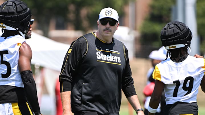 Jul 28, 2024; Latrobe, PA, USA; Pittsburgh Steelers offensive coordinator Arthur Smith participates in drills during training camp at Saint Vincent College. Mandatory Credit: Barry Reeger-Imagn Images