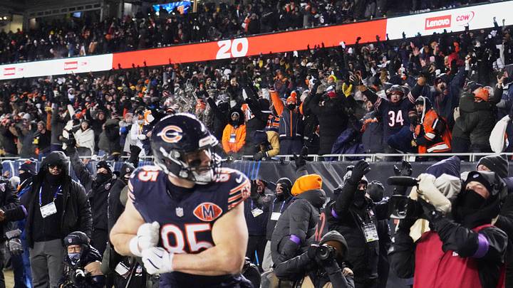 Jan 18, 2026; Chicago, IL, USA; Fans cheer after a touchdown scored by Chicago Bears tight end Cole Kmet (85) against the Los Angeles Rams with eighteen seconds remaining in the fourth quarter of an NFC Divisional Round game at Soldier Field. Mandatory Credit: David Banks-Imagn Images