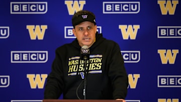 Nov 15, 2024; Seattle, Washington, USA; Washington Huskies head coach Jedd Fisch speaks to the media after the game against the UCLA Bruins at Alaska Airlines Field at Husky Stadium. Mandatory Credit: Steven Bisig-Imagn Images