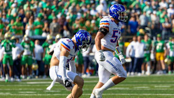 Boise State linebackers Marco Notarainni and Boen Phelps.