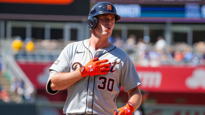 May 22, 2024; Kansas City, Missouri, USA; Detroit Tigers outfielder Kerry Carpenter (30) celebrates after hitting a single against the Kansas City Royals in the ninth inning at Kauffman Stadium