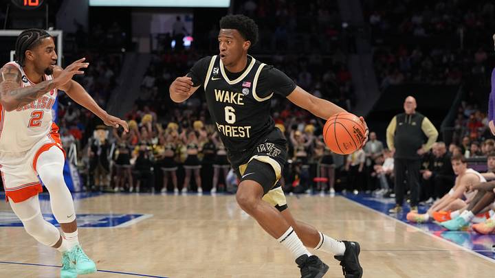 Mar 11, 2026; Charlotte, NC, USA; Wake Forest Demon Deacons guard Myles Colvin (6) with the ball as Clemson Tigers guard Dillon Hunter (2) defends in the first half at Spectrum Center. Mandatory Credit: Bob Donnan-Imagn Images