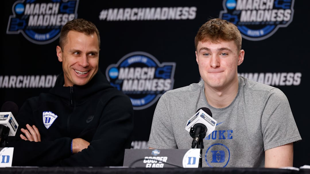 NCAA Men's Basketball Tournament - Elite Eight Press Conferences - Newark; Duke basketball head coach Jon Scheyer and forward Cooper Flagg