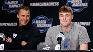 NCAA Men's Basketball Tournament - Elite Eight Press Conferences - Newark; Duke basketball head coach Jon Scheyer and forward Cooper Flagg