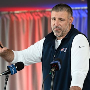 Mar 13, 2025; Foxborough, MA, USA; New England Patriots head coach Mike Vrabel discusses the teamís recent free agent additions with the media at Gillette Stadium. Mandatory Credit: Eric Canha-Imagn Images