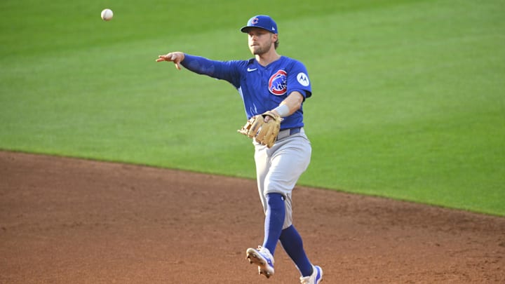 Aug 12, 2024; Cleveland, Ohio, USA; Chicago Cubs second baseman Nico Hoerner (2) throws to first base in the third inning against the Cleveland Guardians at Progressive Field. Aug 12, 2024; Cleveland, Ohio, USA; Chicago Cubs second baseman Nico Hoerner (2) throws to first base in the third inning against the Cleveland Guardians at Progressive Field.