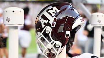 Sep 21, 2024; College Station, Texas, USA; A detail view of a Texas A&M Aggies helmet on the sideline during the game against the Bowling Green Falcons at Kyle Field. Mandatory Credit: Maria Lysaker-Imagn Images. 