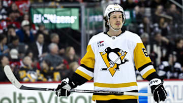 Apr 11, 2025; Newark, New Jersey, USA; Pittsburgh Penguins right wing Rickard Rakell (67) during the first period against the New Jersey Devils at Prudential Center. Mandatory Credit: John Jones-Imagn Images
