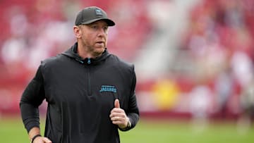 Sep 28, 2025; Santa Clara, California, USA; Jacksonville Jaguars head coach Liam Coen looks on during warmups before the game against the San Francisco 49ers at Levi's Stadium. Mandatory Credit: Kyle Terada-Imagn Images