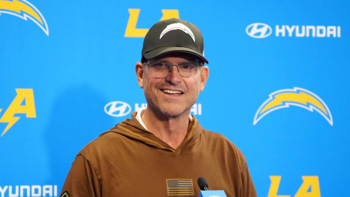 Jun 13, 2024; Costa Mesa, CA, USA; Los Angeles Chargers head coach Jim Harbaugh at a press conference during minicamp at the Hoag Performance Center. 