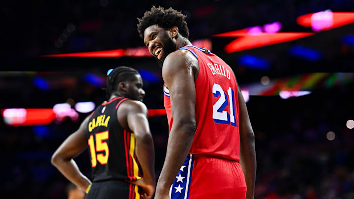 Dec 8, 2023; Philadelphia, Pennsylvania, USA; Philadelphia 76ers center Joel Embiid (21) reacts against the Atlanta Hawks in the first quarter at Wells Fargo Center. Mandatory Credit: Kyle Ross-Imagn Images Dec 8, 2023; Philadelphia, Pennsylvania, USA; Philadelphia 76ers center Joel Embiid (21) reacts against the Atlanta Hawks in the first quarter at Wells Fargo Center. Mandatory Credit: Kyle Ross-Imagn Images
