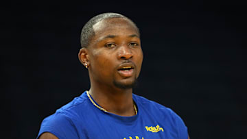 Dec 15, 2024; San Francisco, California, USA; Golden State Warriors forward Jonathan Kuminga (00) before the game against the Dallas Mavericks at Chase Center. Mandatory Credit: Darren Yamashita-Imagn Images